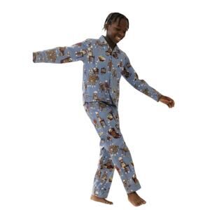 Nick & Nora Sock Monkey Flannel Pajamas PJ Set Long Sleeve Pants Blue Kids Small